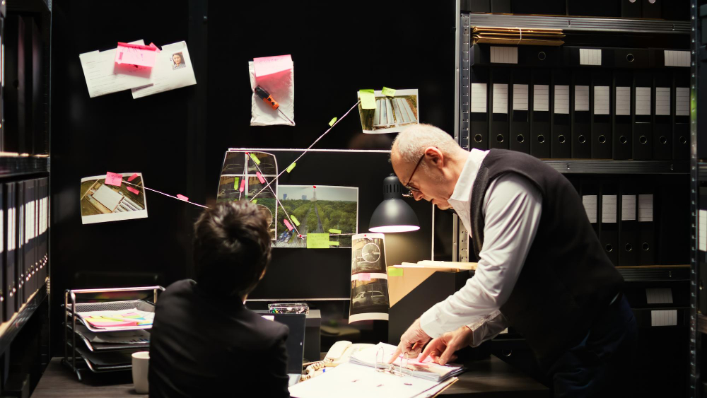 Detektyw w gabinecie przegląda dowody w sprawie