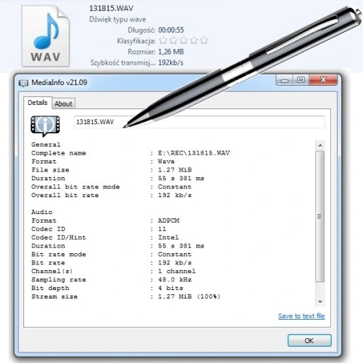 Cyfrowy dyktafon szpiegowski w długopisie 8GB 15h MBG line Q91