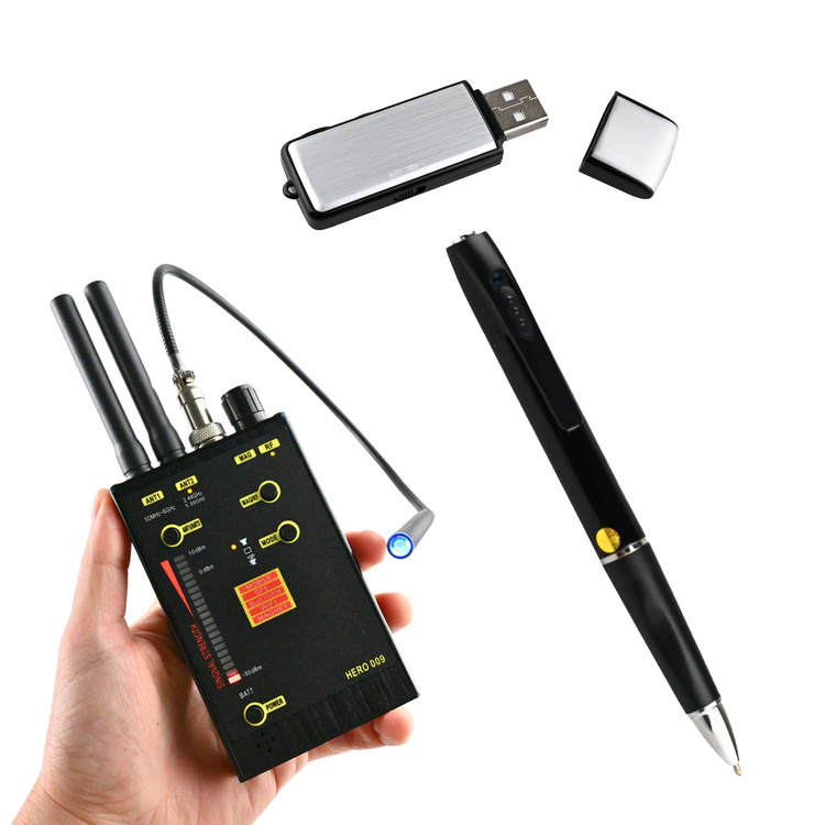 Zestaw wykrywacz HER0009 + dyktafon pendrive + kamera w długopisie