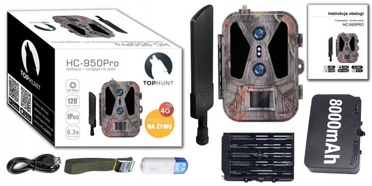 Kamera Leśna Fotopułapka 4K 4G LTE PODGLĄD na ŻYWO Aplikacja HC-950Pro AKU 