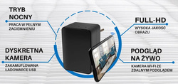 Mini kamera szpiegowska WIFI w ładowarce sieciowej, detekcja ruchu podgląd na żywo IR IP25