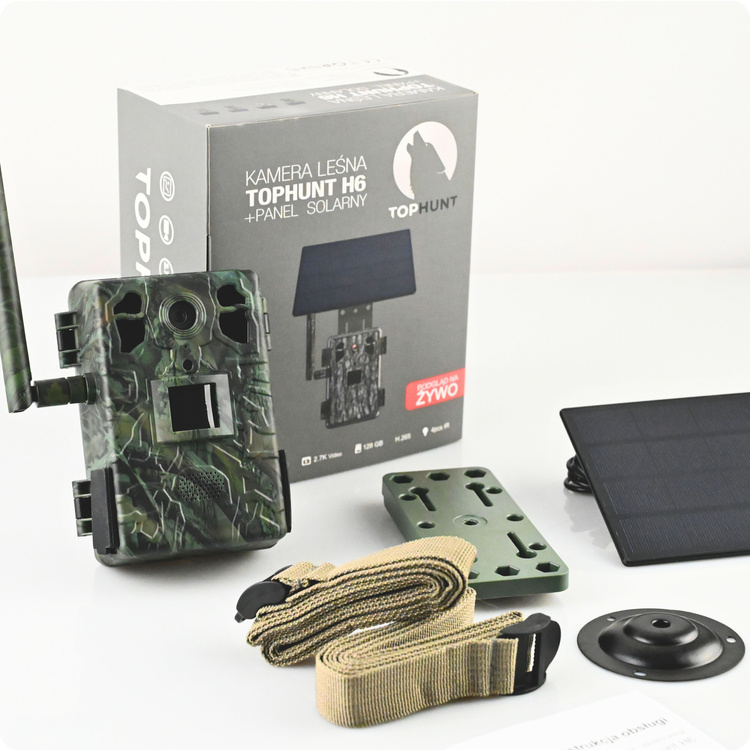 Zestaw Fotopułapka GSM Kamera Leśna TOPHUNT H6 Green Panel Solarny 6xAkumulator 18650 Karta SD 32 GB Karta SIM Orange
