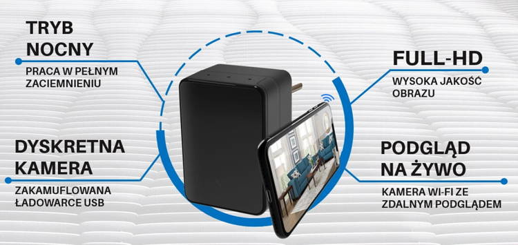 Mini kamera szpiegowska WIFI w ładowarce sieciowej, detekcja ruchu podgląd na żywo IR IP25