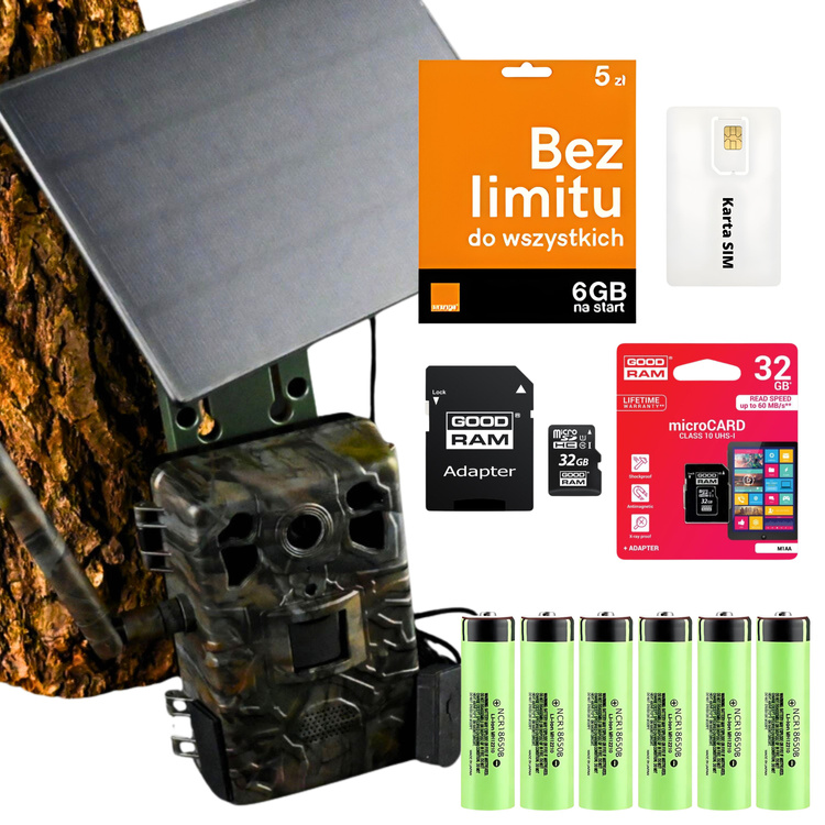 Zestaw Fotopułapka gsm Kamera Dla pszczelarza TOPHUNT H6 Dark Green Panel Solarny 6xAkumulator 18650 Karta SD 32 GB Karta SIM Orange