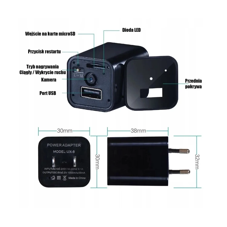 Mini Kamera Szpiegowska ukryta w Ładowarka USB Podgląd na żywo 