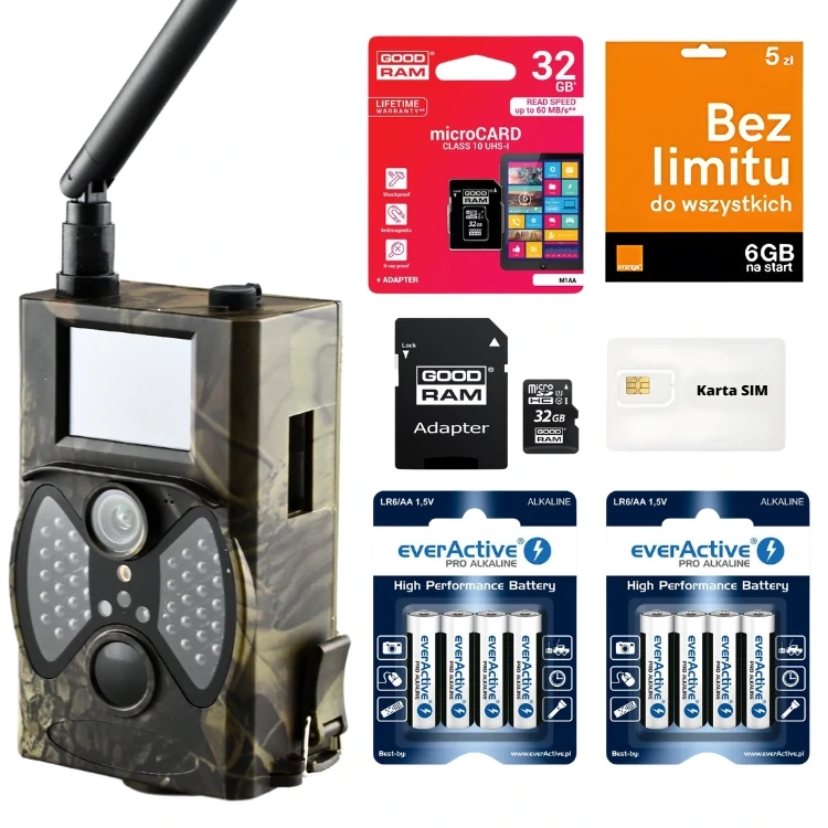 ZESTAW Fotopułapka HC-300M + Karta SD 32GB + Karta SIM Orange + 8x Baterie AA everActive